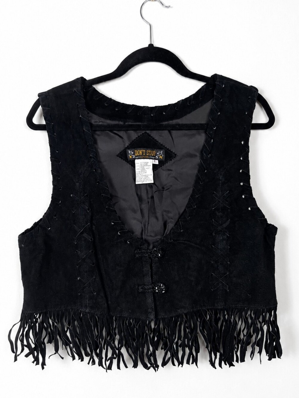 Vintage 90s Black Suede Leather Fringe Vest Western Boho Moto Biker Goth Large